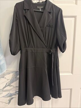 White House Black Market Black Mid-Sleeve faux Wrap Mini Dress w/buckle details